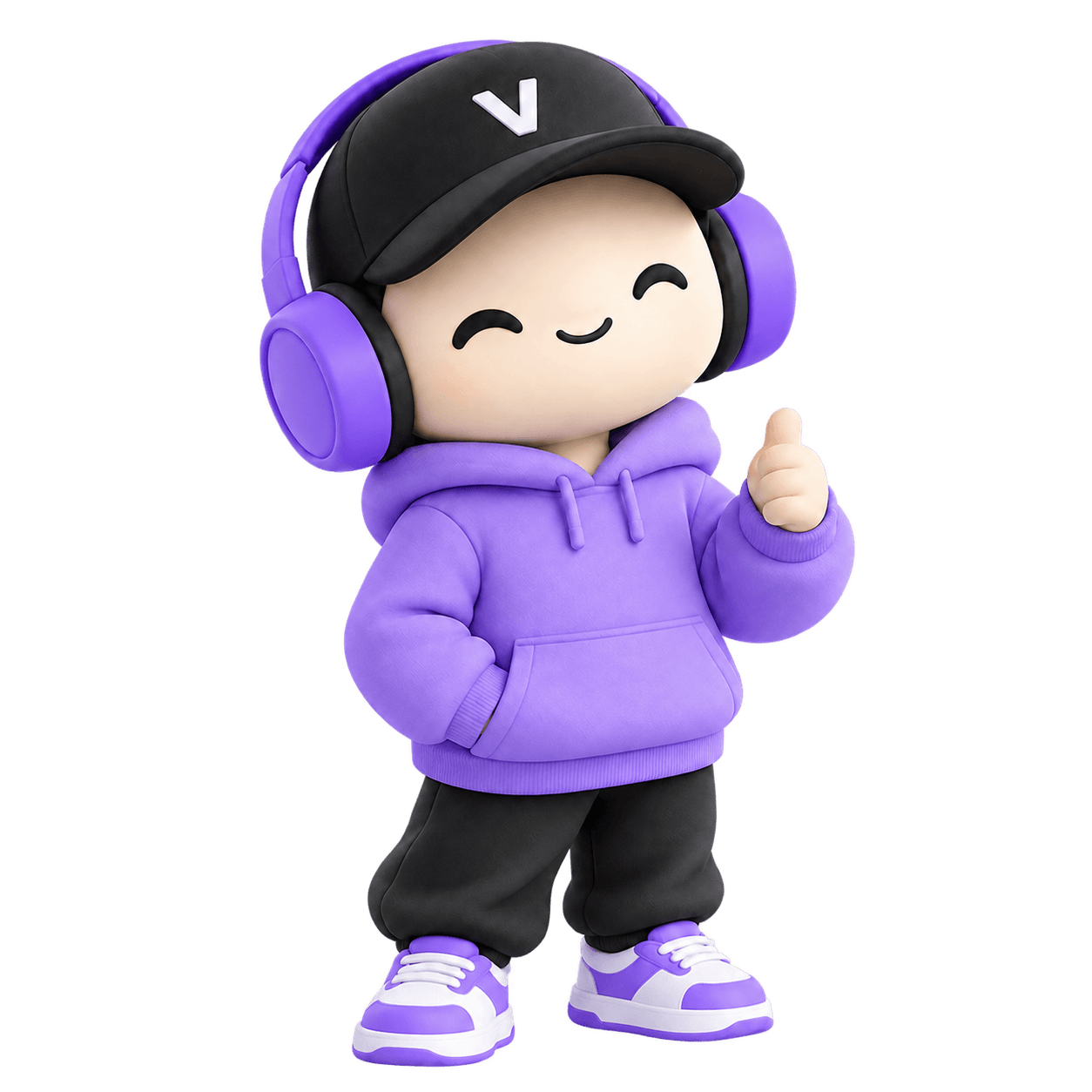 Mascotte Velra souriante avec un hoodie violet